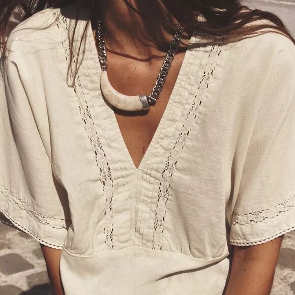 ZARA LINEN TOP WITH LACE DETAILS - Picture 2 of 8